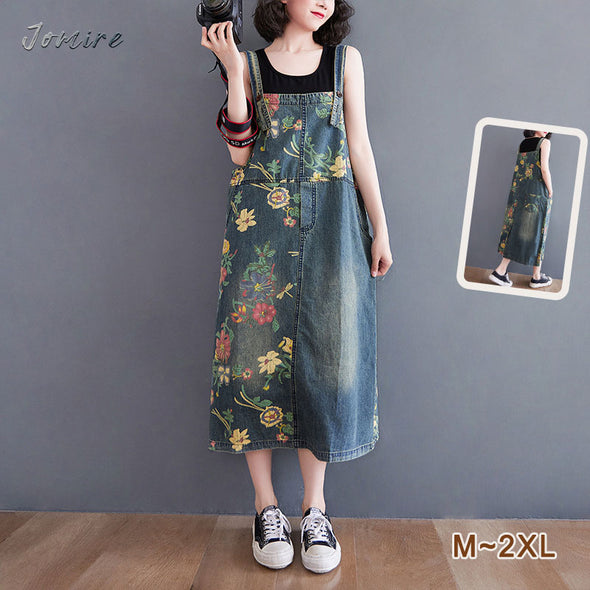 【M~2XL】花柄　ゆったりサイズ　カジュアル　可愛いデニムワンピース