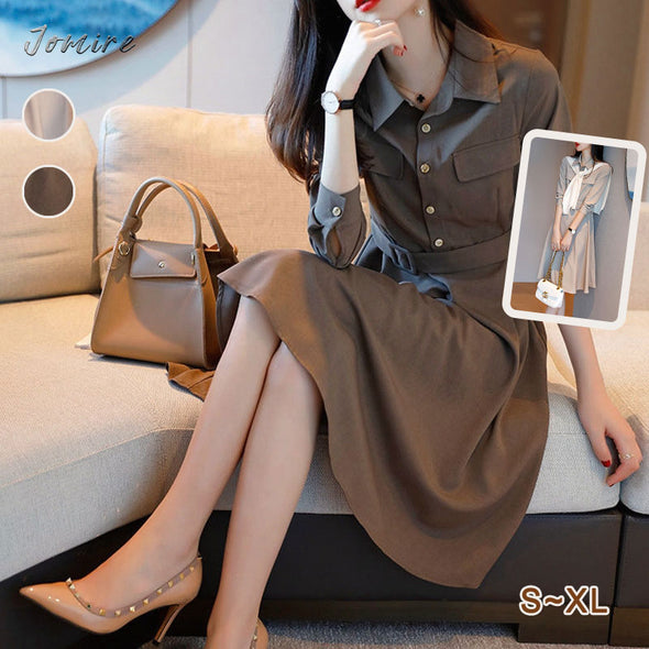 【S~XL】大人カジュアル　通勤　無地　Aライン　シャツワンピース