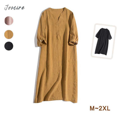 【M～2XL】夏　Ｖネック　リネン生地　無地　大人ファッション　シンプルカジュアルワンピース