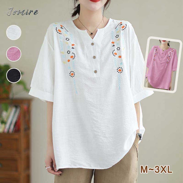 【M~3XL】花柄　スリットネック　刺繍入り　ゆるシルエット　夏ブラウス