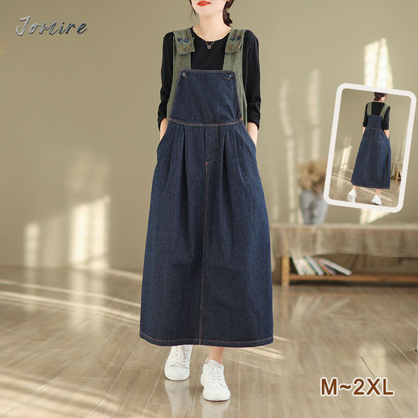 【M~2XL】カジュアル　切替　ジャンパースカート　デニムワンピース　サロペット風ワンピース