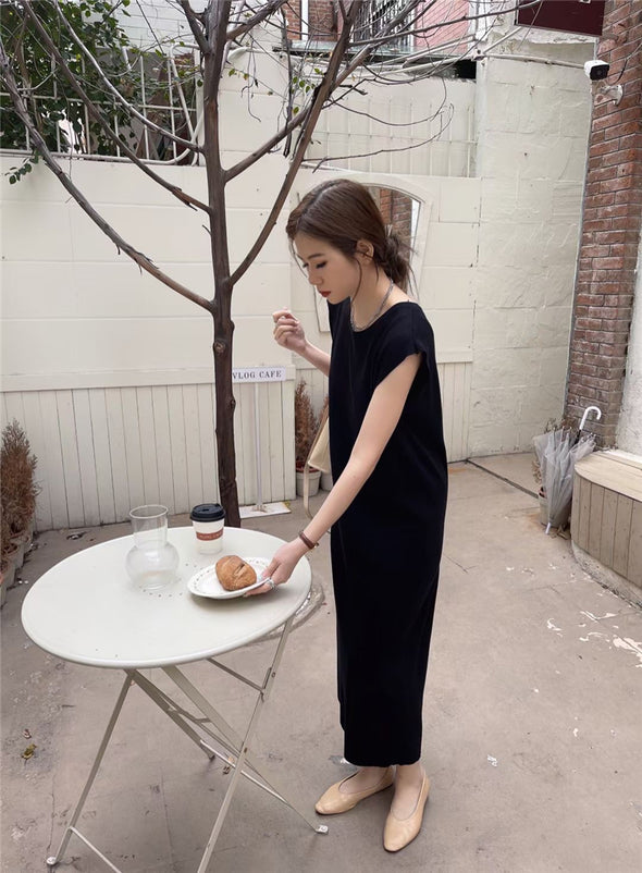シンプル　夏　無地　キャップスリーブ　ロング丈　楽ちん　ワンピース