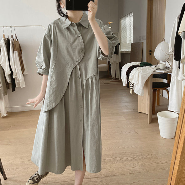 シンプルカジュアル　不規則デザイン　中袖　ロングシャツワンピース