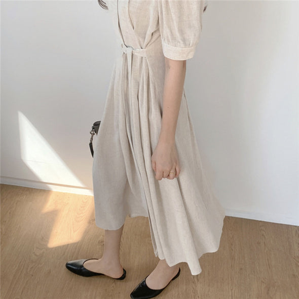 シンプルカジュアル　ウエストリボン　おしゃれ　ロングシャツワンピース