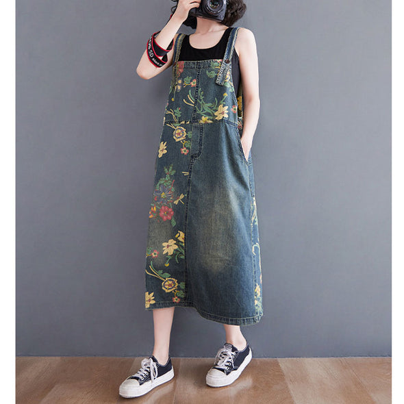 【M~2XL】花柄　ゆったりサイズ　カジュアル　可愛いデニムワンピース