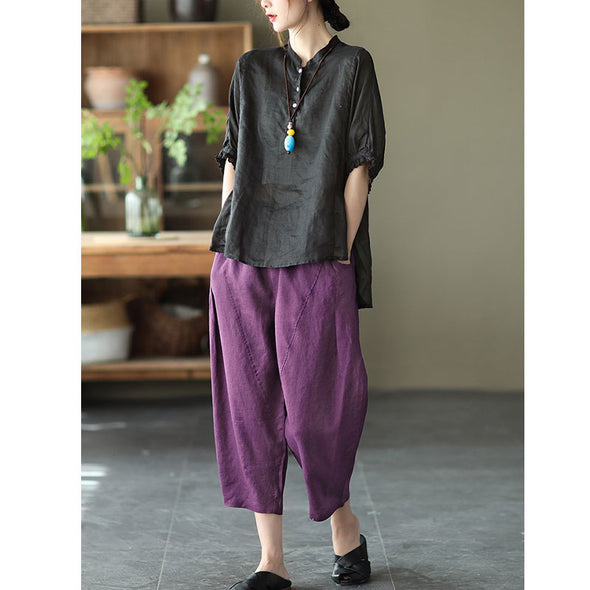 【M~2XL】シンプル　無地　カジュアル　綿麻　9分丈サルエルパンツ