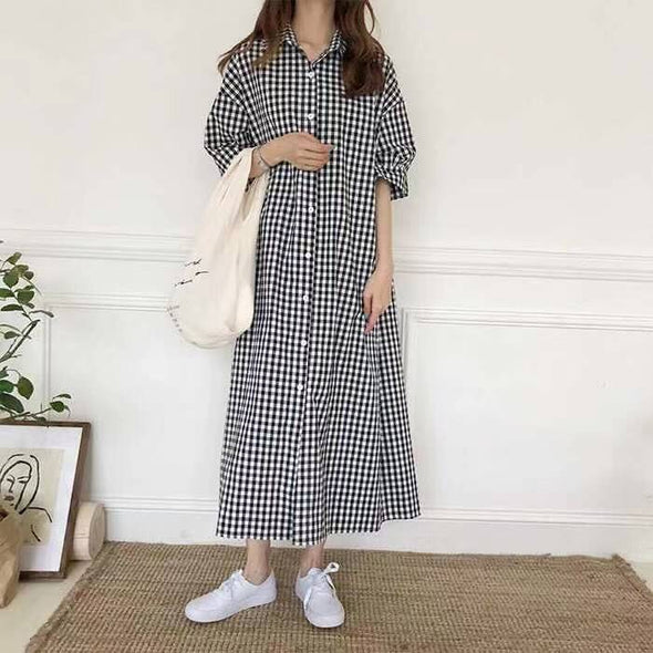 大人カジュアル　チェック柄　ロング丈　シャツワンピース