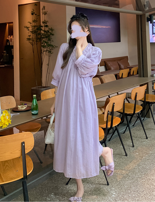 大人カジュアル　Aライン　７分袖　春夏秋　ロング丈　無地　ワンピース　