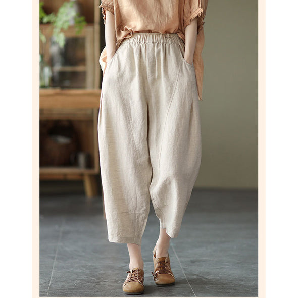 【M~2XL】シンプル　無地　カジュアル　綿麻　9分丈サルエルパンツ