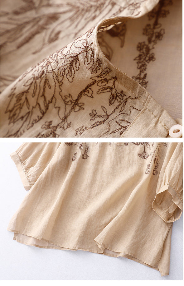 【M~2XL】リネン　レトロ風　エスニック　花柄　大人ブラウス