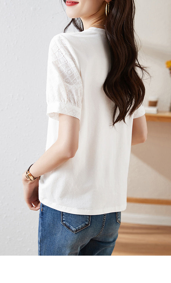 【S~2XL】刺繍　透かし彫り　切り替え　シンプル　夏Ｔシャツ