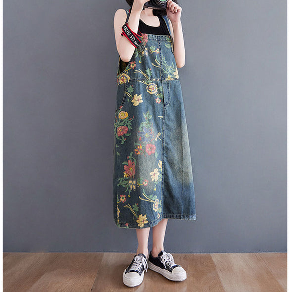 【M~2XL】花柄　ゆったりサイズ　カジュアル　可愛いデニムワンピース