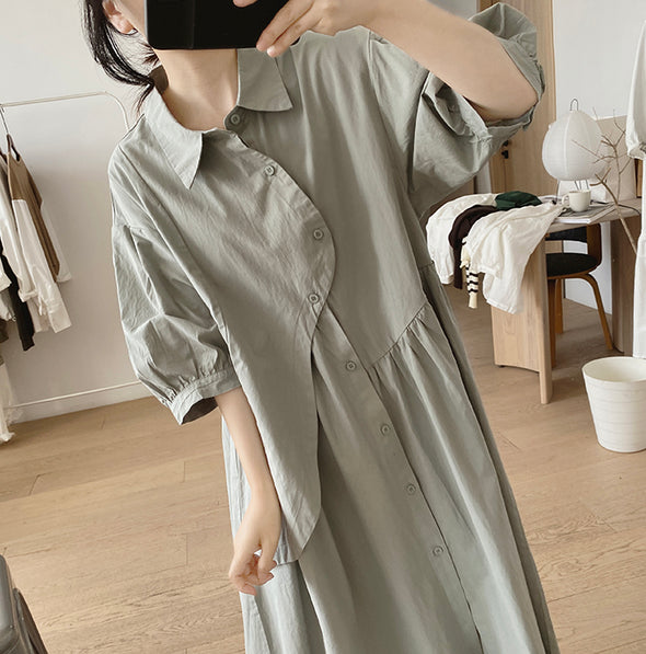 シンプルカジュアル　不規則デザイン　中袖　ロングシャツワンピース