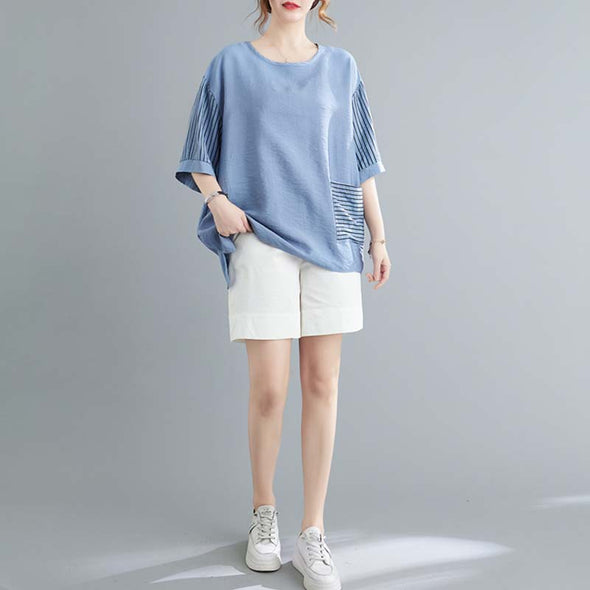 韓国ファッション　アシメ裾　フロントポケット付き　ゆったり　中袖Ｔシャツ