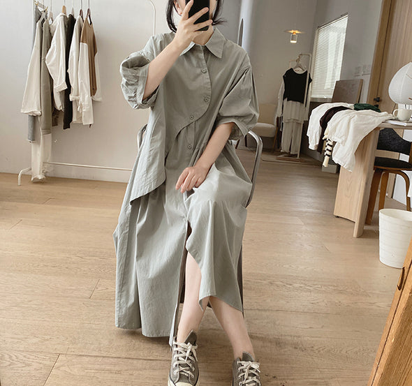 シンプルカジュアル　不規則デザイン　中袖　ロングシャツワンピース
