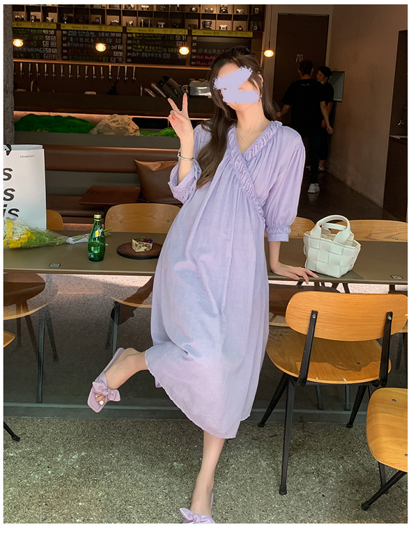 大人カジュアル　Aライン　７分袖　春夏秋　ロング丈　無地　ワンピース　