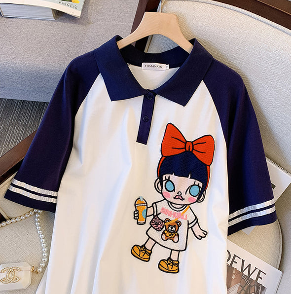 大人カジュアル　かわいい　カートゥーンプリント　POLOネック　チュニックワンピース