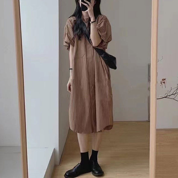 【M~2XL】大人カジュアル　オンオフ兼用　ストライプ柄　シャツワンピース