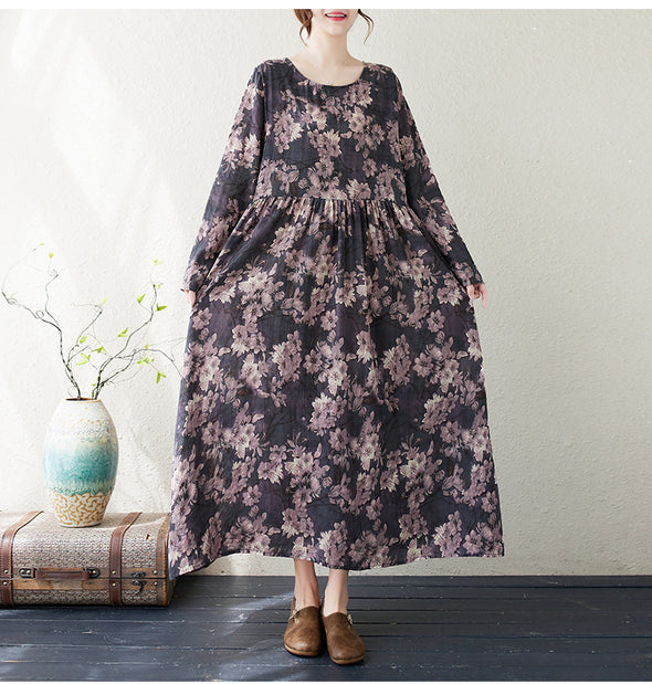 【M~2XL】ボタニカル　秋新作　体型カバー　Aライン　ロングワンピース