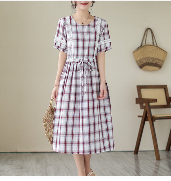 【M~2XL】大人カジュアル　チェック柄　　綿麻　レトロ　Aライン　シャツワンピース