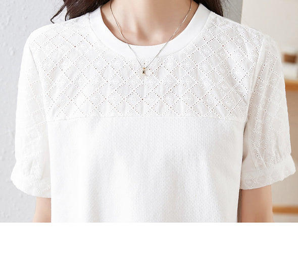 【S~2XL】刺繍　透かし彫り　切り替え　シンプル　夏Ｔシャツ