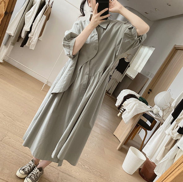 シンプルカジュアル　不規則デザイン　中袖　ロングシャツワンピース