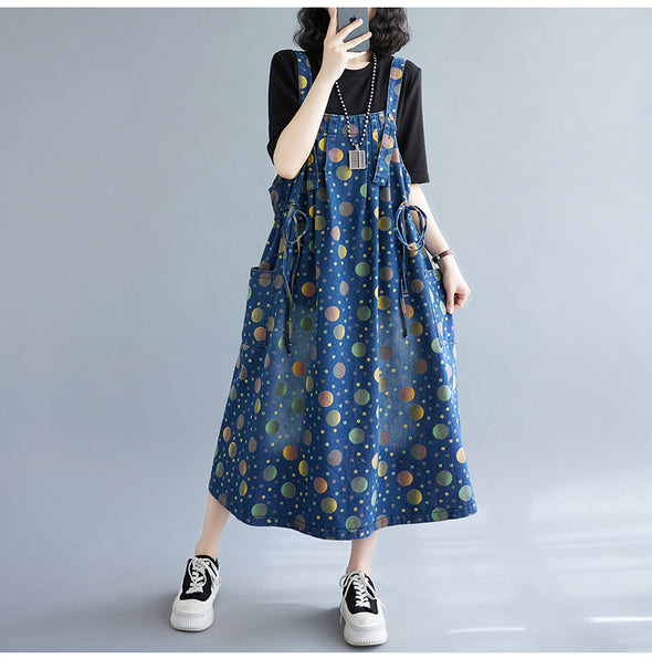 【Ⅿ~2XL】人かわいい　トッド柄　裾フリンジ　Aラインデニムワンピース