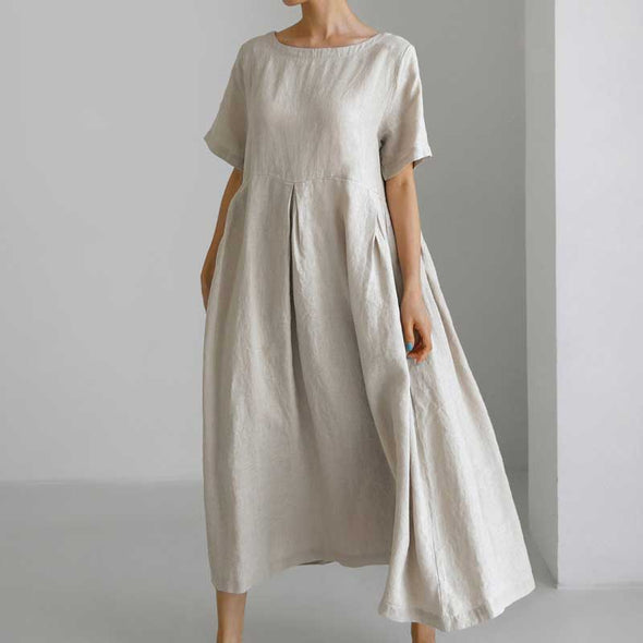 【S~XL】大人ワンピース　綿麻　夏ワンピース　タック入り　ロングワンピース