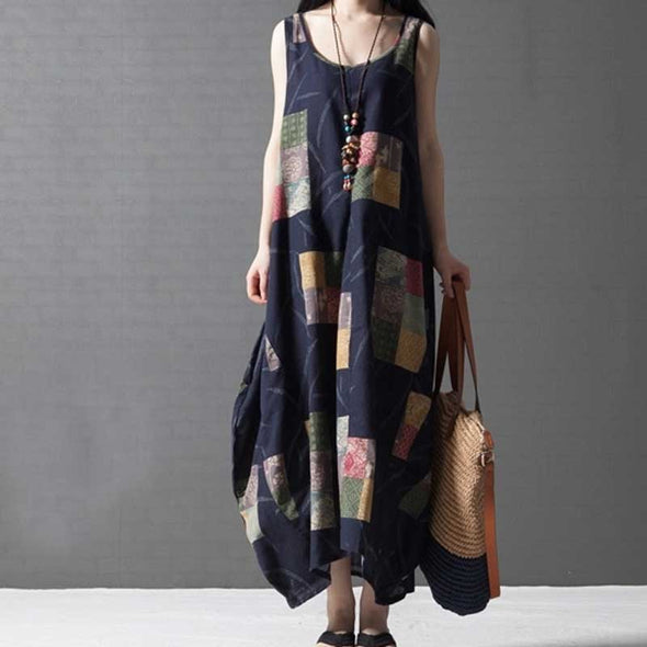 【M～2XL】エスニック風　不規則柄　ベストワンピース　ロング丈　着瘦せ　バルーンワンピース