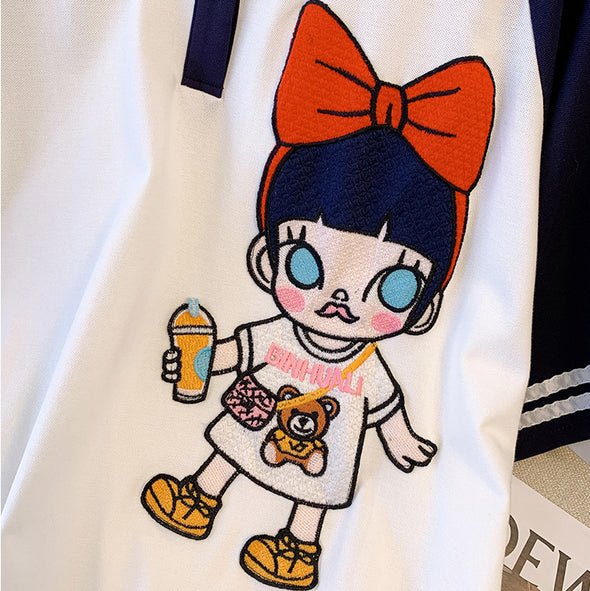 大人カジュアル　かわいい　カートゥーンプリント　POLOネック　チュニックワンピース