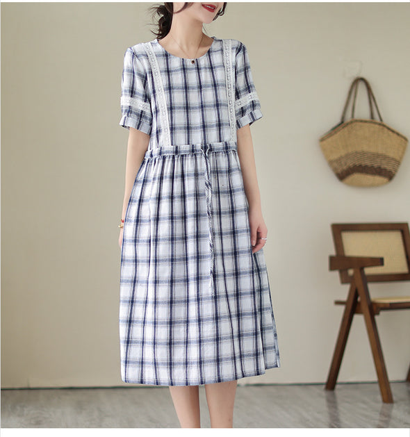 【M~2XL】大人カジュアル　チェック柄　　綿麻　レトロ　Aライン　シャツワンピース