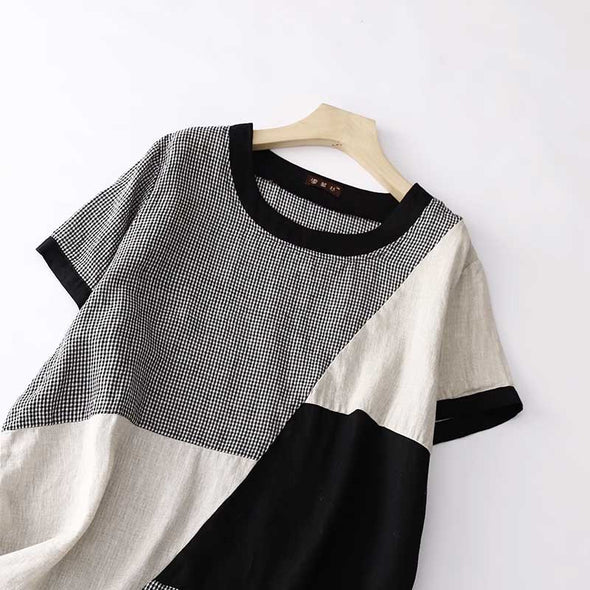 【M~2XL】大人カジュアル　夏　リネン生地　コントラスト　シンプル　人気ワンピース