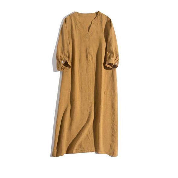 【M～2XL】夏　Ｖネック　リネン生地　無地　大人ファッション　シンプルカジュアルワンピース
