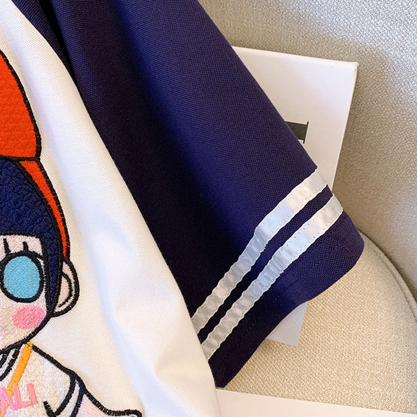 大人カジュアル　かわいい　カートゥーンプリント　POLOネック　チュニックワンピース