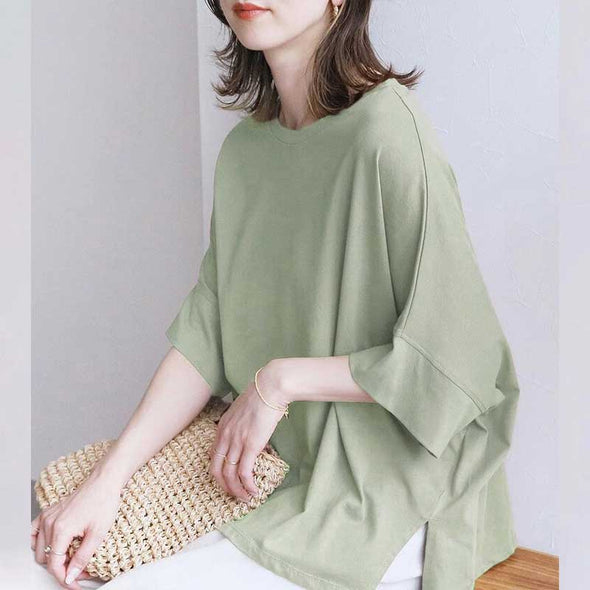 【M.L】スリット入り　ドルマンスリーブ　シンプル　無地　7分袖無地Tシャツ
