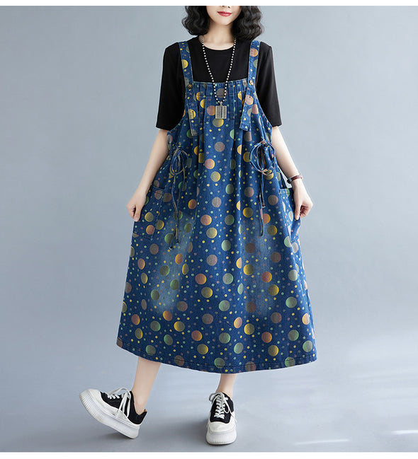 【Ⅿ~2XL】人かわいい　トッド柄　裾フリンジ　Aラインデニムワンピース