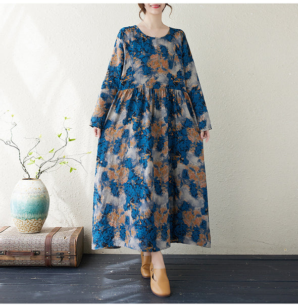 【M~2XL】エスニック風　Aライン　ロング・マキシ丈　秋冬ワンピース