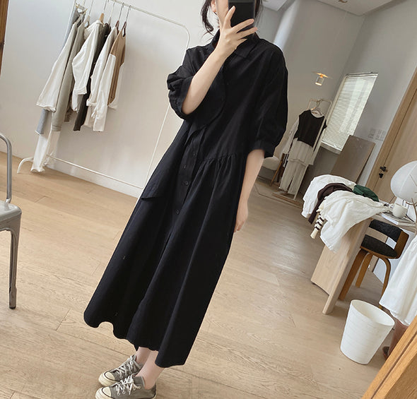 シンプルカジュアル　不規則デザイン　中袖　ロングシャツワンピース