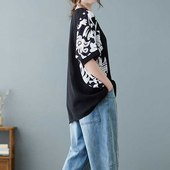 ゆるシルエット　ドルマン風　花柄　夏　楽チン　おしゃれ　ブラウス　Tシャツ
