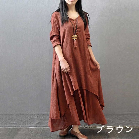 人気再入荷　多色展開　切替　フレアデザイン　Aライン　ロングワンピース