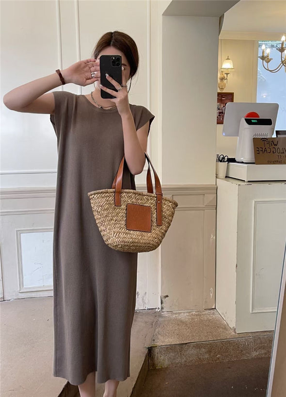 シンプル　夏　無地　キャップスリーブ　ロング丈　楽ちん　ワンピース