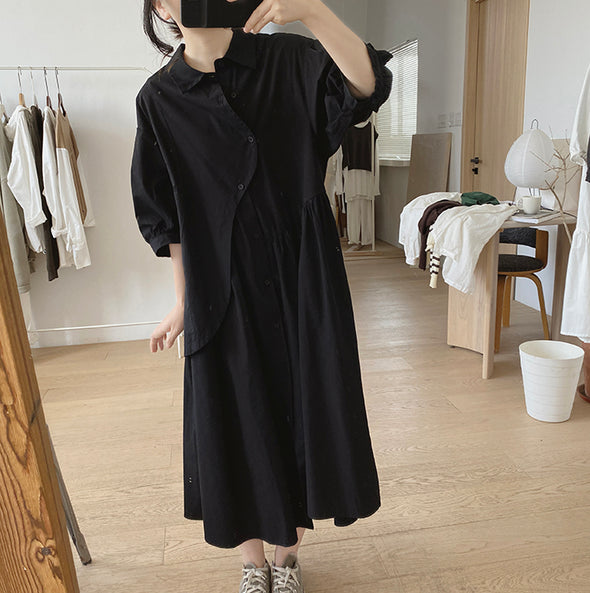 シンプルカジュアル　不規則デザイン　中袖　ロングシャツワンピース
