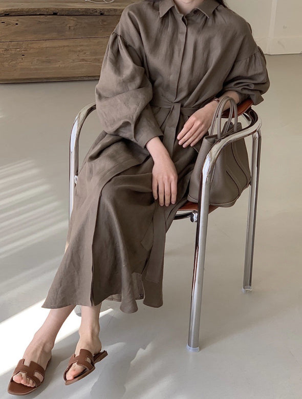 シンプルカジュアル　ウエストリボン付き　ボリューム袖　ロング　シャツワンピース