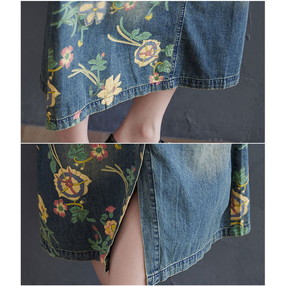 【M~2XL】花柄　ゆったりサイズ　カジュアル　可愛いデニムワンピース