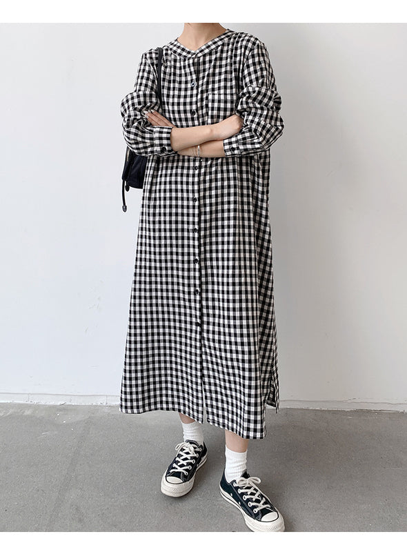 大人カジュアル　チェック柄　ロングシャツワンピース