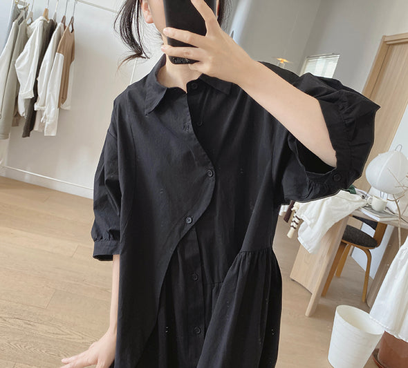 シンプルカジュアル　不規則デザイン　中袖　ロングシャツワンピース