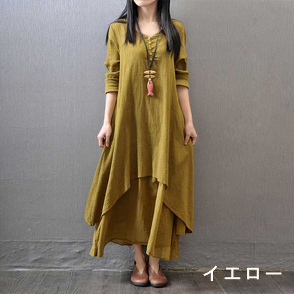 人気再入荷　多色展開　切替　フレアデザイン　Aライン　ロングワンピース