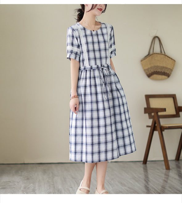 【M～2XL】レトロ　チェック柄　切り替え　Aライン　夏ワンピース