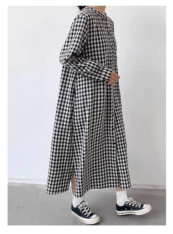 大人カジュアル　チェック柄　ロングシャツワンピース