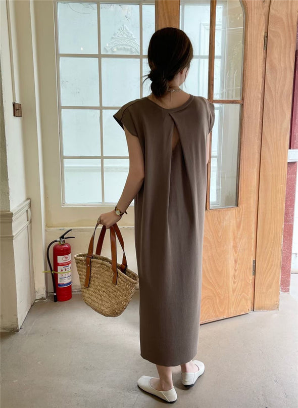 シンプル　夏　無地　キャップスリーブ　ロング丈　楽ちん　ワンピース